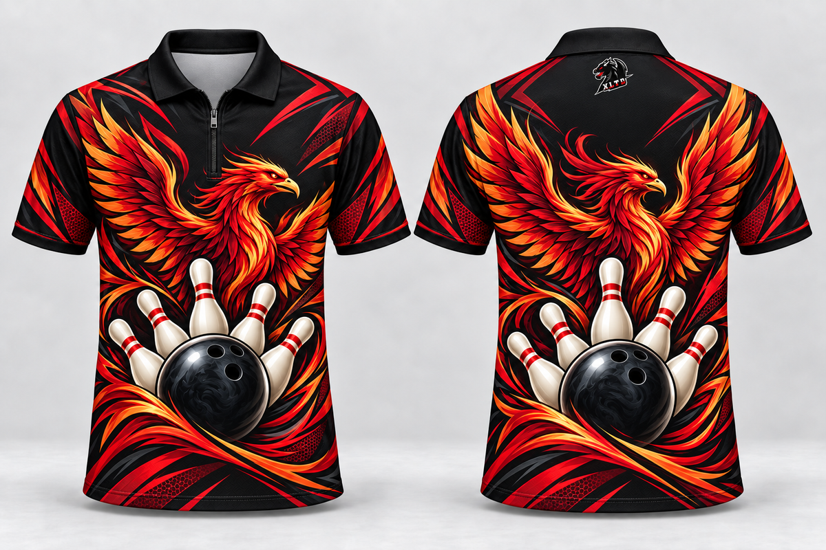 Crimson Phoenix custom sublimated bowling jersey, front and back views with XLTD logo
