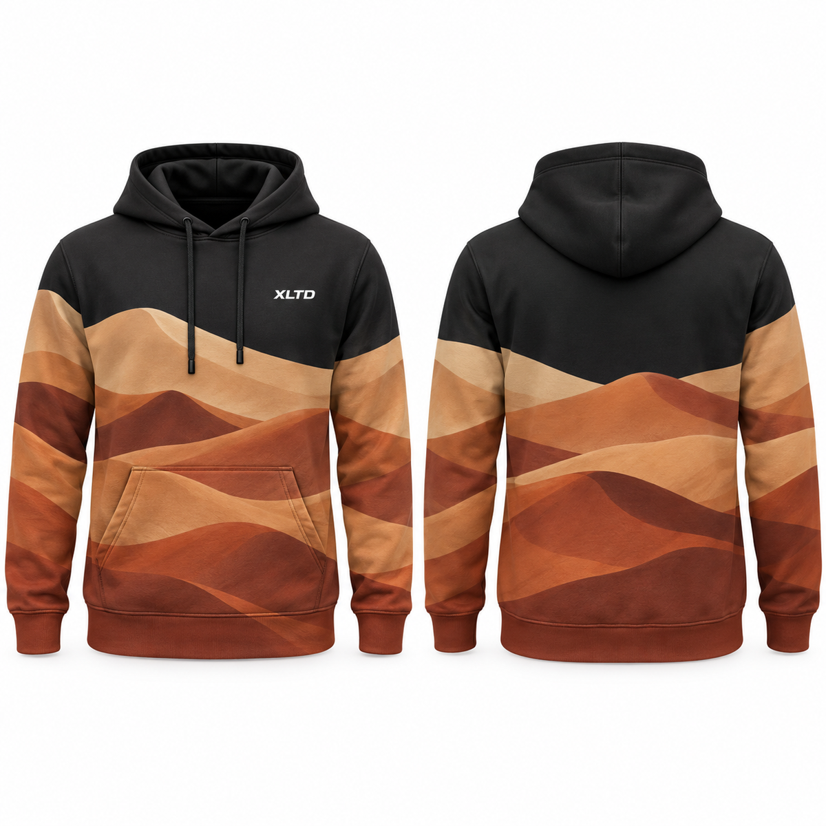 Desert Drift custom sublimation hoodie, sand / rust / black, front and back mockup — XLTD Sportswear