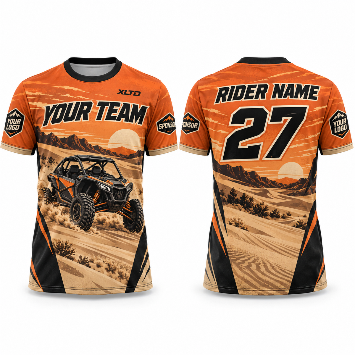 Desert Orange custom off-roading shirt in burnt orange, sand, black and ivory, front and back with customizable team name, rider name, number, logo and sponsors
