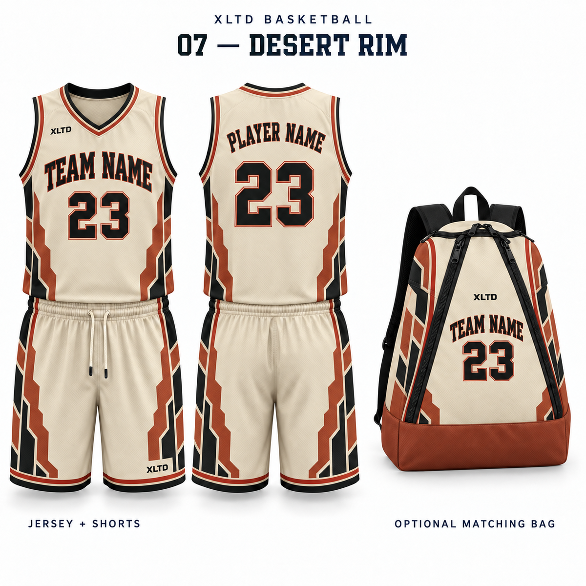 Desert Rim XLTD custom basketball jersey and shorts, front and back views, with optional matching tapered backpack.