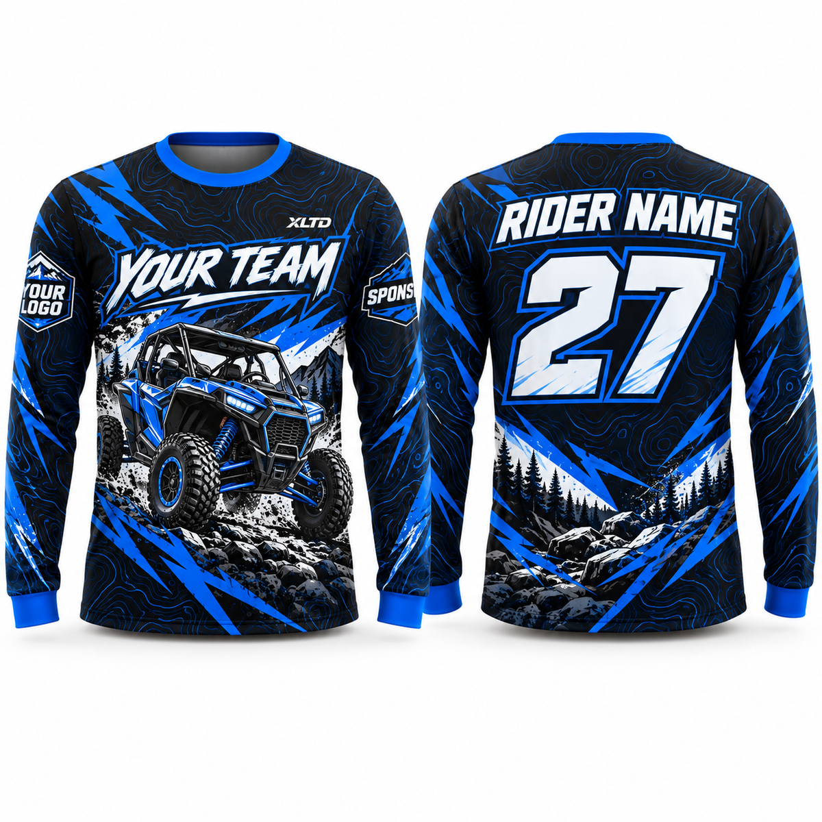 Electric Blue Trail custom off-roading shirt in royal blue, black and white, front and back with customizable team name, rider name, number, logo and sponsors