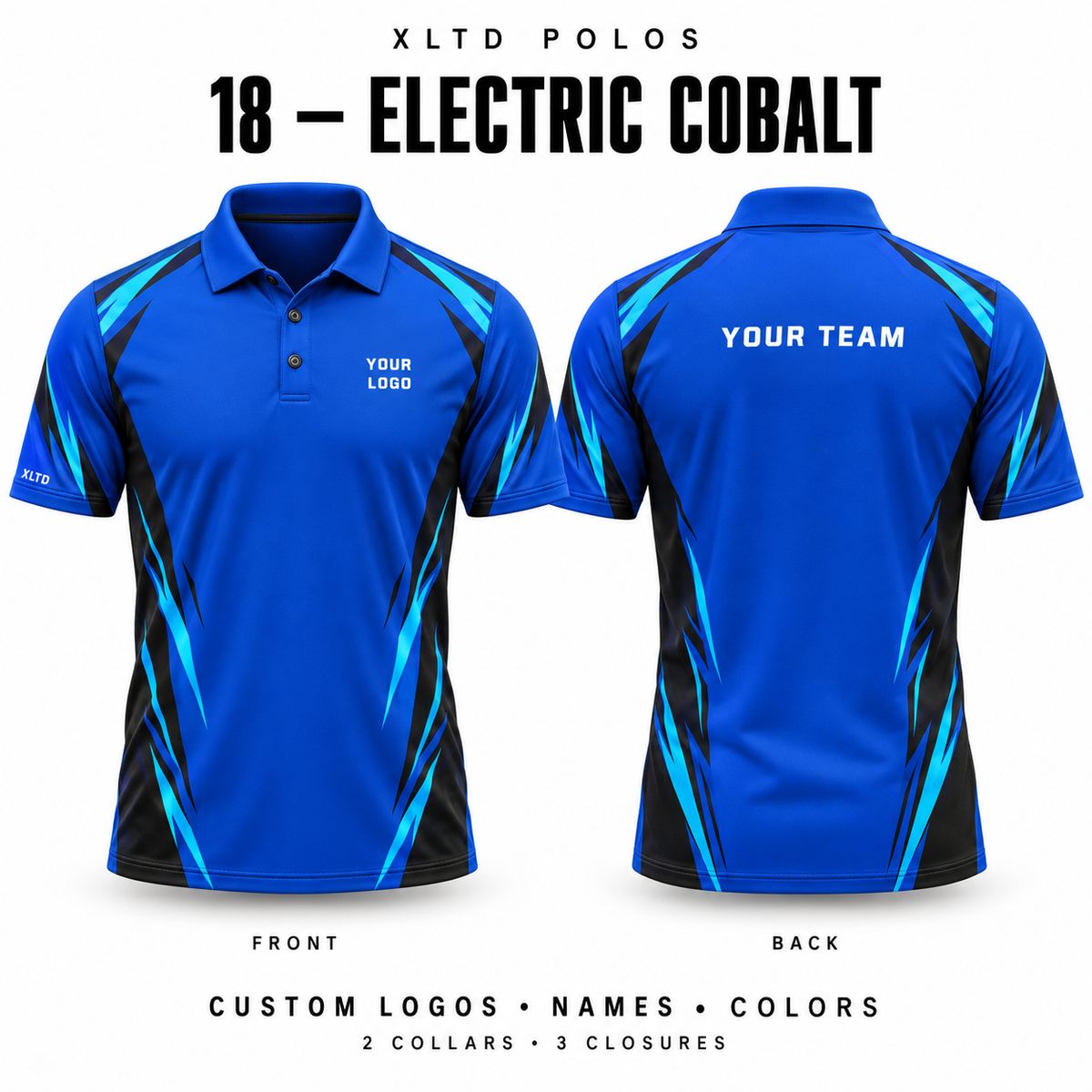 Electric Cobalt custom polo front and back, Normal Polo collar with 3 Button closure; customizable in Cobalt Blue / Black / Cyan.