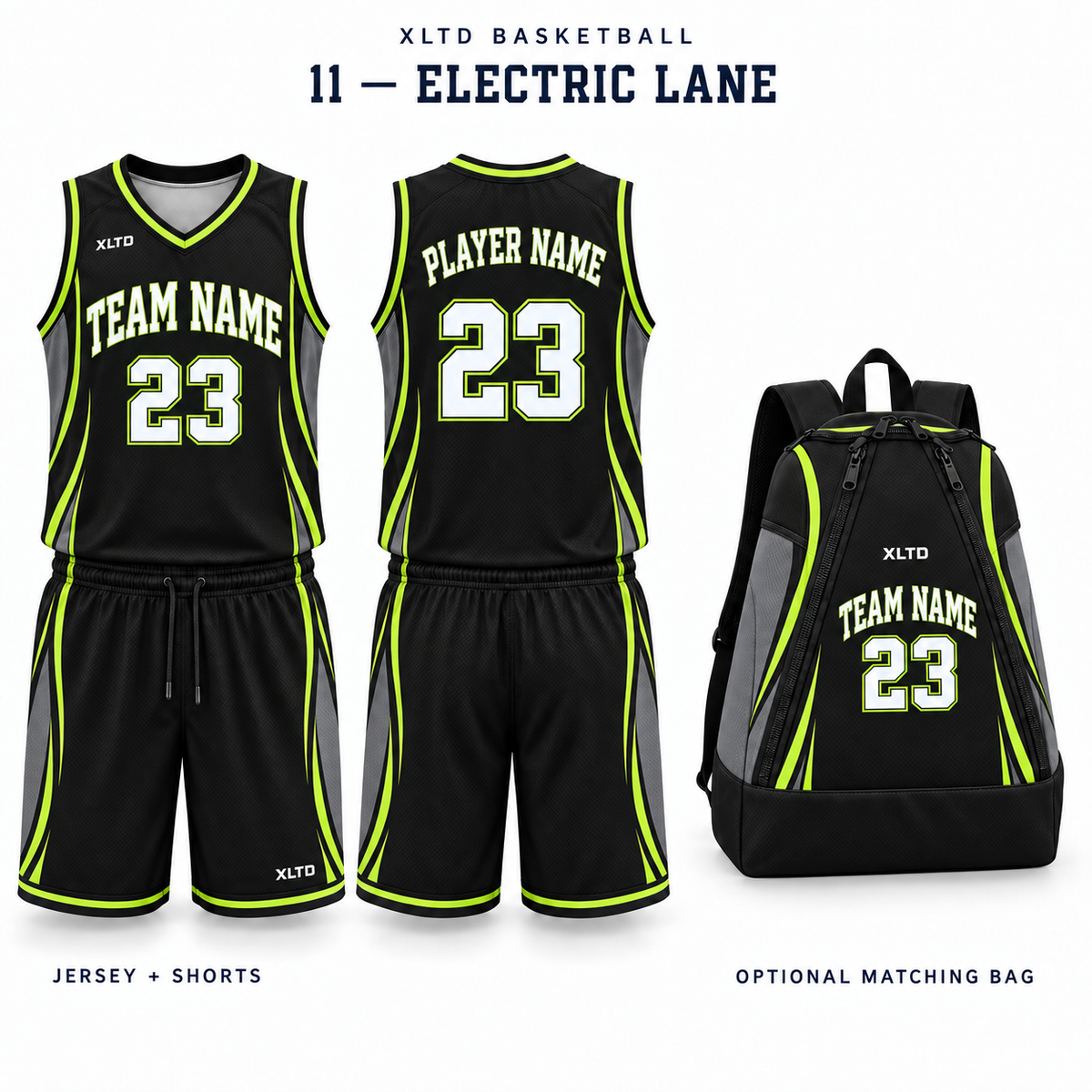 Electric Lane XLTD custom basketball jersey and shorts, front and back views, with optional matching tapered backpack.