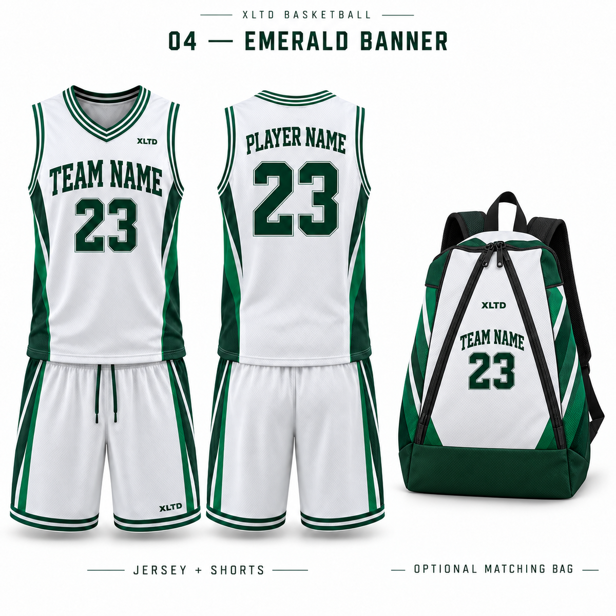 Emerald Banner XLTD custom basketball jersey and shorts, front and back views, with optional matching tapered backpack.