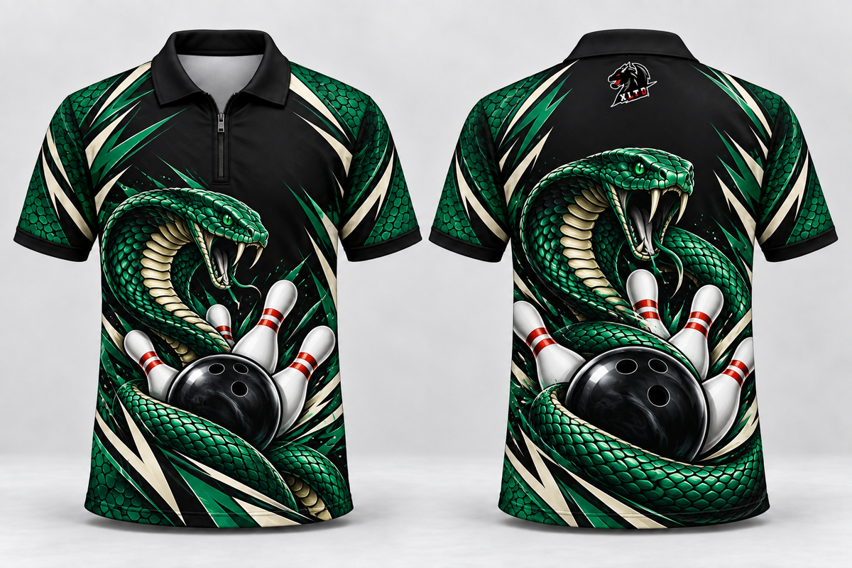 Emerald Cobra custom sublimated bowling jersey, front and back views with XLTD logo
