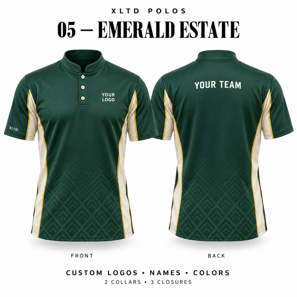 Emerald Estate custom polo front and back, Mandarin / Stand-Up collar with 3 Button closure; customizable in Forest Green / Cream / Gold.