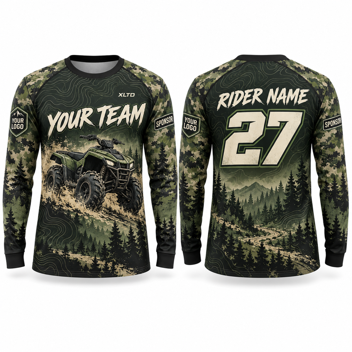 Forest Trail custom off-roading shirt in forest green, olive, black and ivory, front and back with customizable team name, rider name, number, logo and sponsors