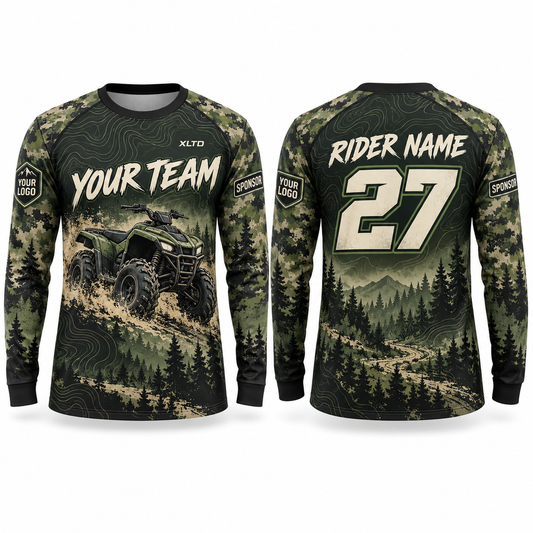 Forest Trail custom off-roading shirt in forest green, olive, black and ivory, front and back with customizable team name, rider name, number, logo and sponsors
