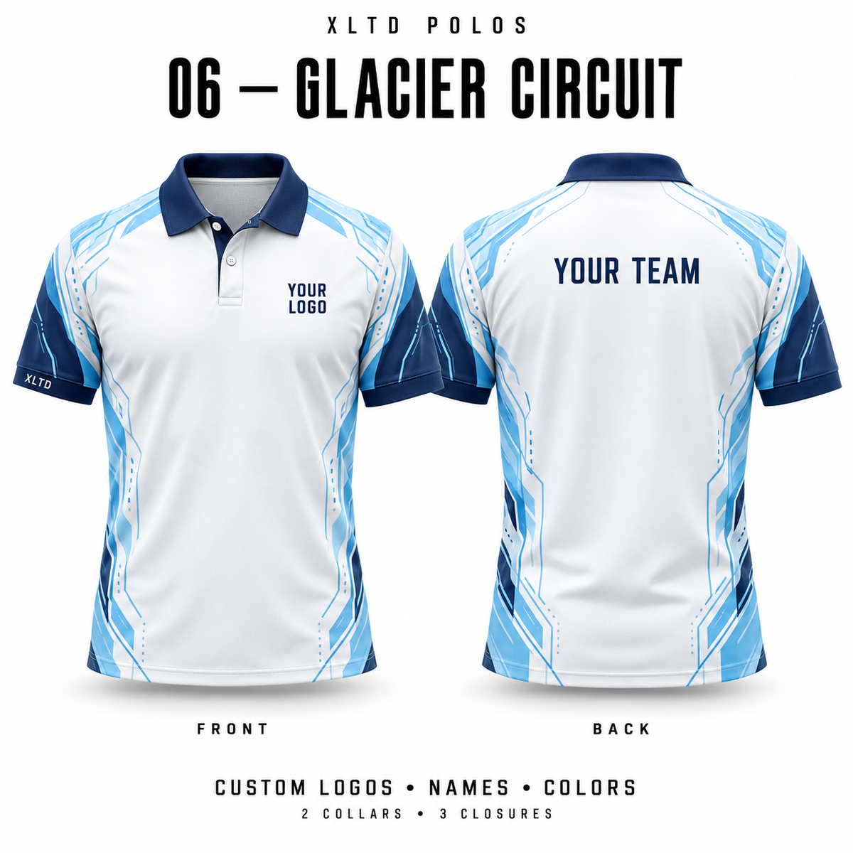 Glacier Circuit custom polo front and back, Normal Polo collar with 2 Button closure; customizable in White / Ice Blue / Navy.