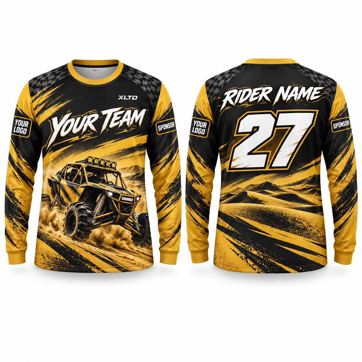 Gold Dune Racer custom off-roading shirt in golden yellow, black and white, front and back with customizable team name, rider name, number, logo and sponsors