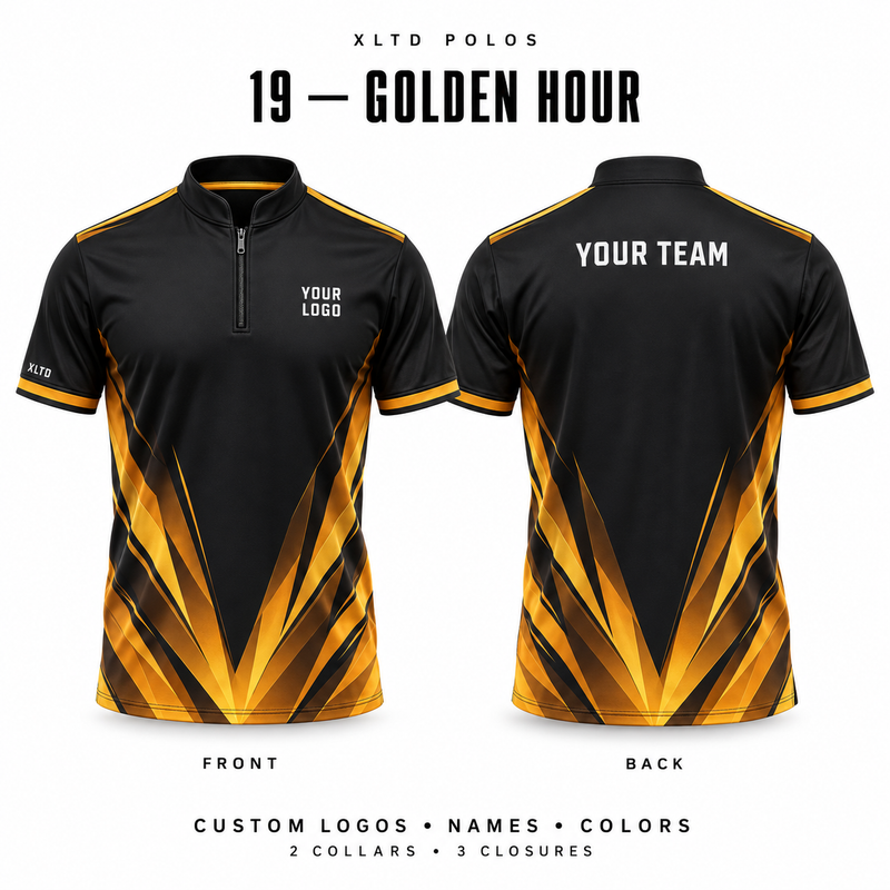 Golden Hour custom polo front and back, Mandarin / Stand-Up collar with 1/4 Zipper closure; customizable in Black / Amber / Gold.