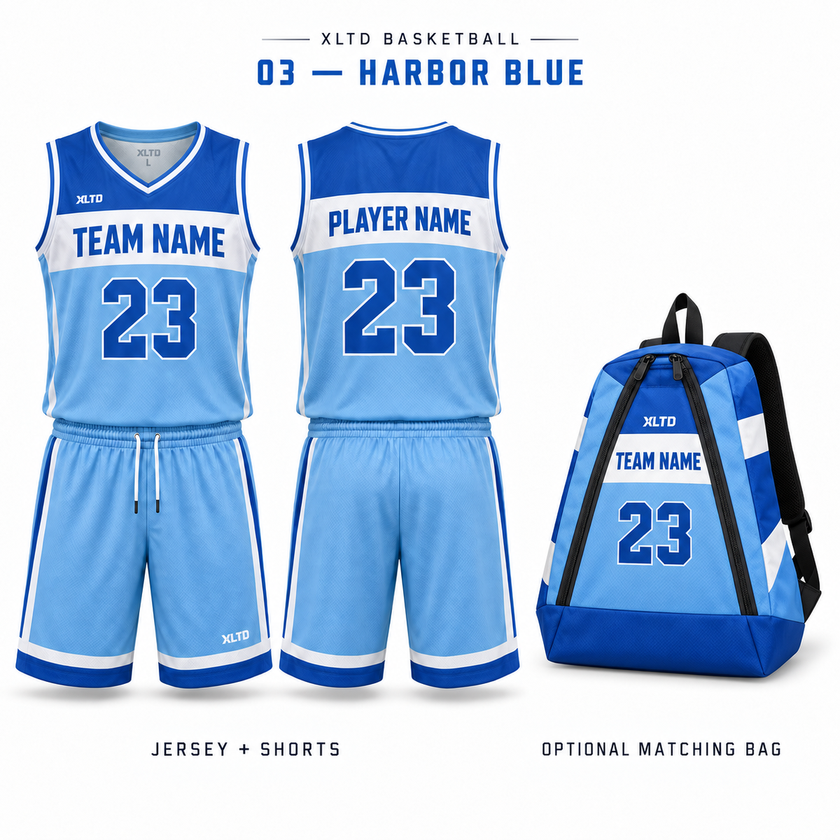 Harbor Blue XLTD custom basketball jersey and shorts, front and back views, with optional matching tapered backpack.