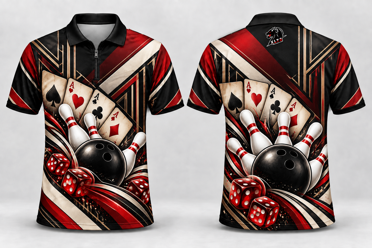 High Roller Ace custom sublimated bowling jersey, front and back views with XLTD logo