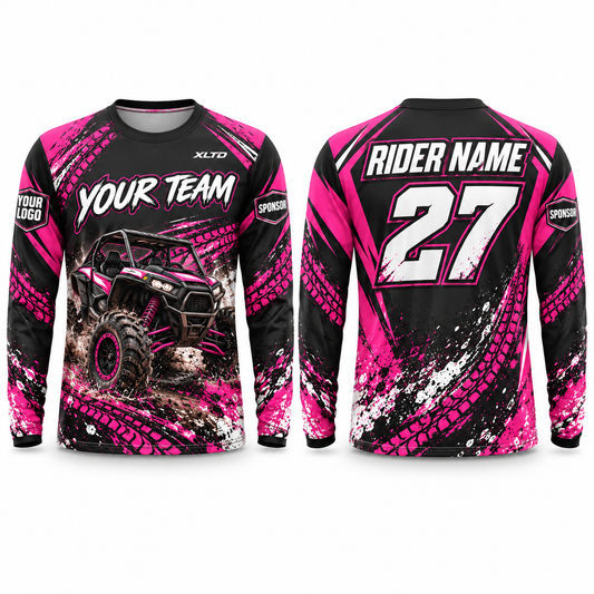 Hot Pink Mud Crew custom off-roading shirt in hot pink, black and white, front and back with customizable team name, rider name, number, logo and sponsors