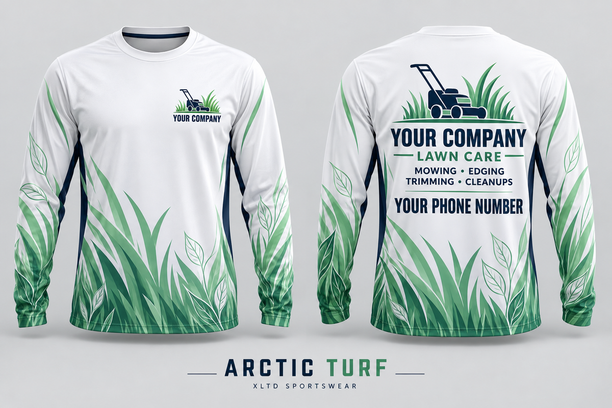 Arctic Turf custom lawn care long-sleeve shirt front and back with customizable company name, phone number and services.