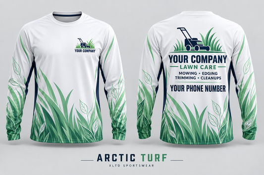 Arctic Turf custom lawn care long-sleeve shirt front and back with customizable company name, phone number and services.