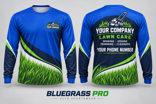 Bluegrass Pro custom lawn care long-sleeve shirt front and back with customizable company name, phone number and services.