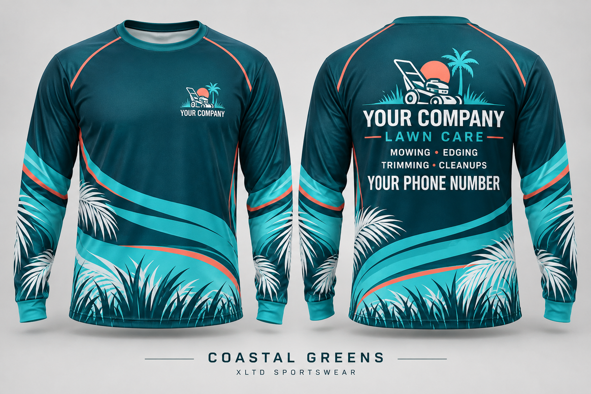 Coastal Greens custom lawn care long-sleeve shirt front and back with customizable company name, phone number and services.