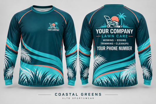 Coastal Greens custom lawn care long-sleeve shirt front and back with customizable company name, phone number and services.