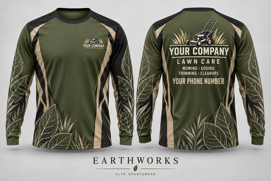 Earthworks custom lawn care long-sleeve shirt front and back with customizable company name, phone number and services.