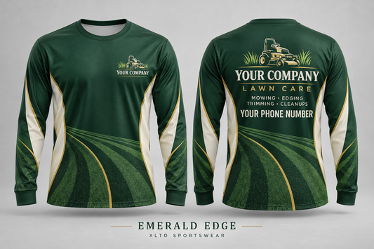 Emerald Edge custom lawn care long-sleeve shirt front and back with customizable company name, phone number and services.