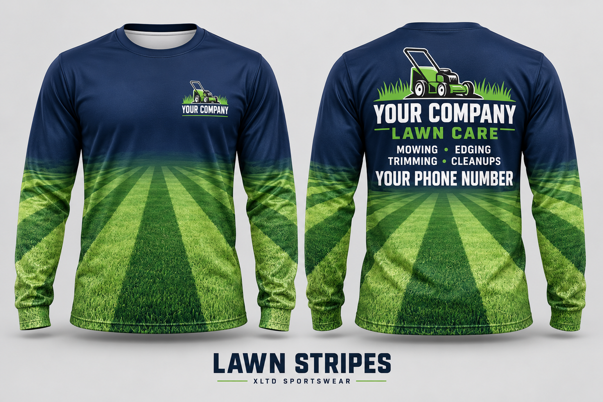 Lawn Stripes custom lawn care long-sleeve shirt front and back with customizable company name, phone number and services.