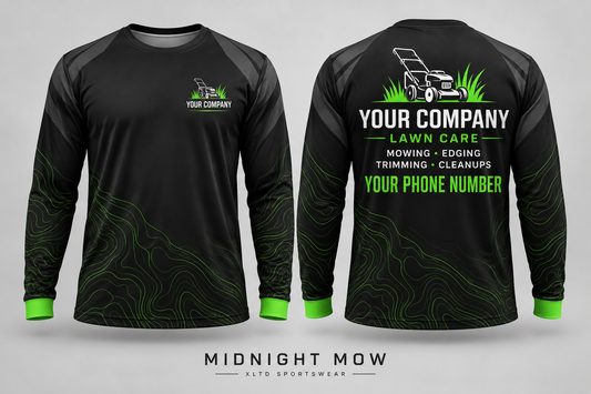 Midnight Mow custom lawn care long-sleeve shirt front and back with customizable company name, phone number and services.