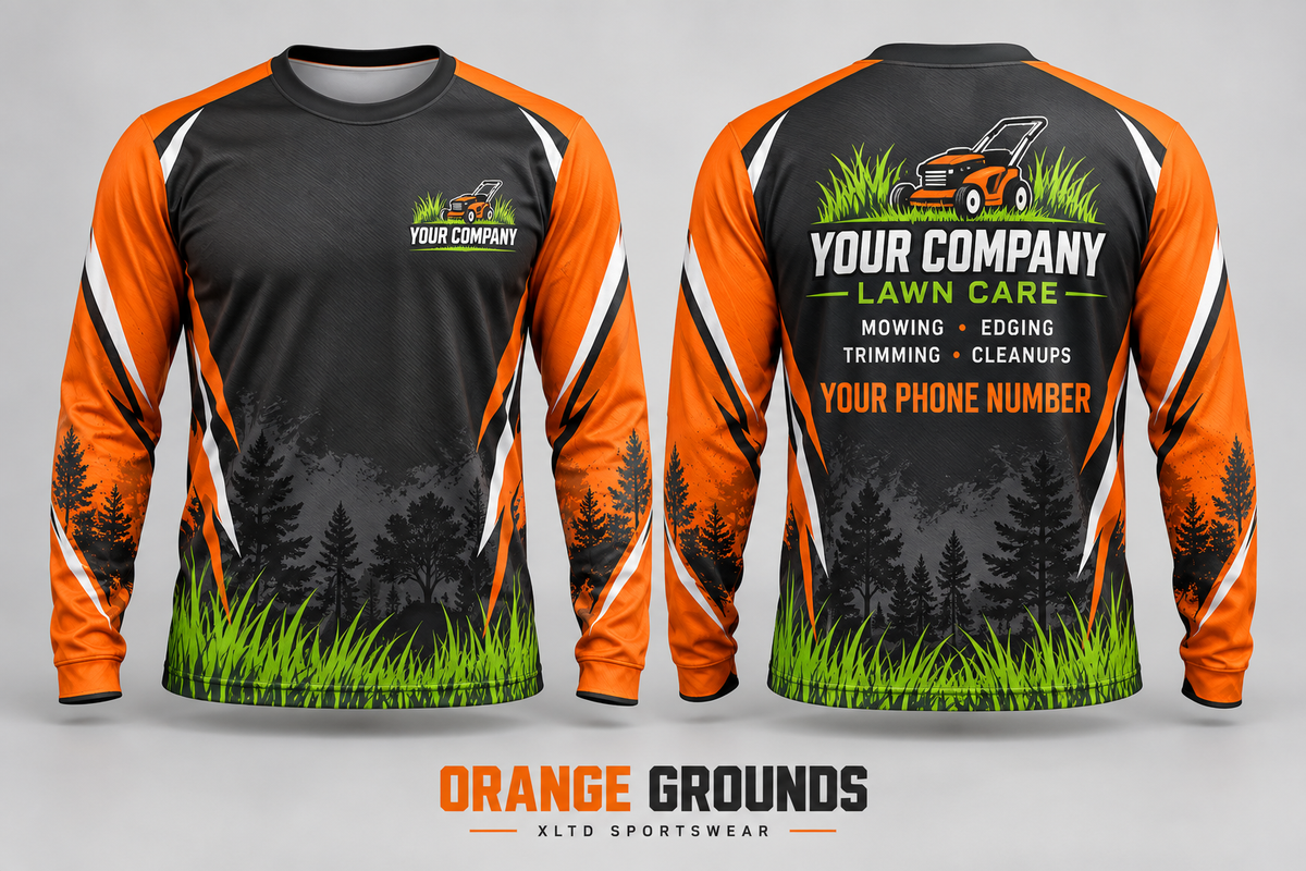 Orange Grounds custom lawn care long-sleeve shirt front and back with customizable company name, phone number and services.