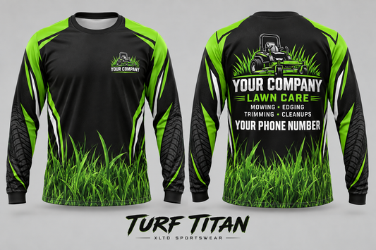 Turf Titan custom lawn care long-sleeve shirt front and back with customizable company name, phone number and services.