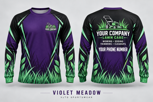 Violet Meadow custom lawn care long-sleeve shirt front and back with customizable company name, phone number and services.