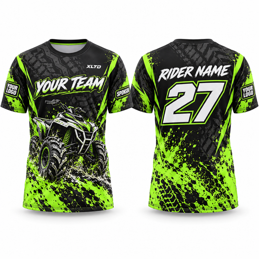Lime Bog Runner custom off-roading shirt in lime green, black and white, front and back with customizable team name, rider name, number, logo and sponsors