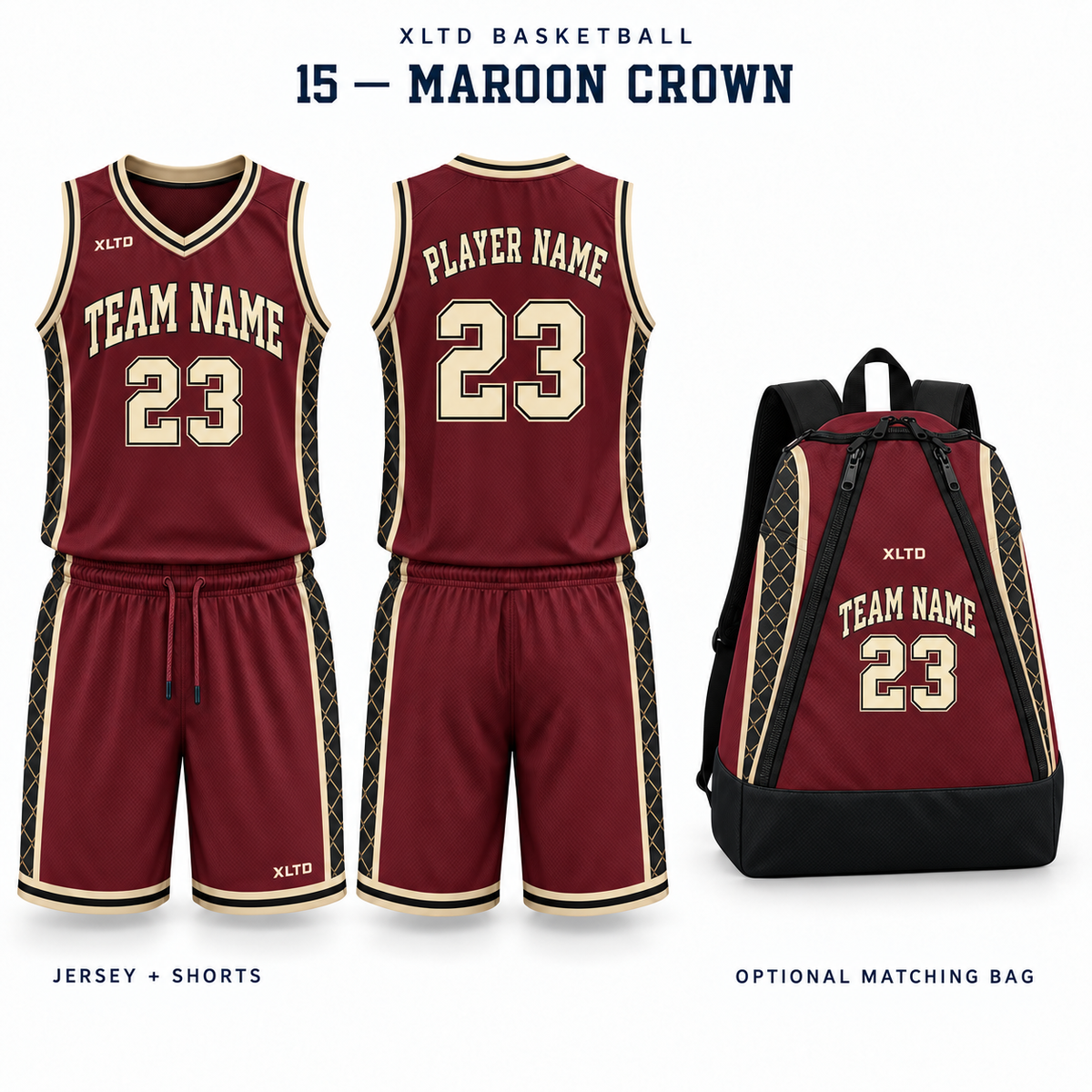 Maroon Crown XLTD custom basketball jersey and shorts, front and back views, with optional matching tapered backpack.