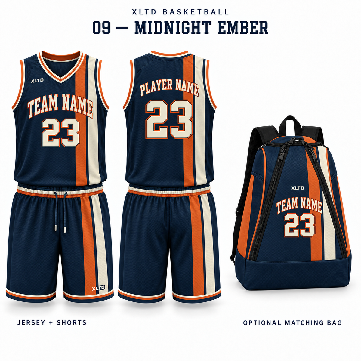 Midnight Ember XLTD custom basketball jersey and shorts, front and back views, with optional matching tapered backpack.