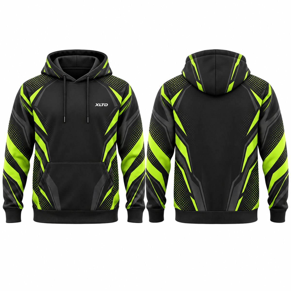 Neon Apex custom sublimation hoodie, lime / black / charcoal, front and back mockup — XLTD Sportswear