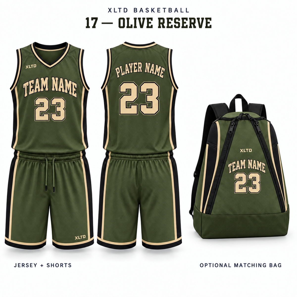 Olive Reserve XLTD custom basketball jersey and shorts, front and back views, with optional matching tapered backpack.
