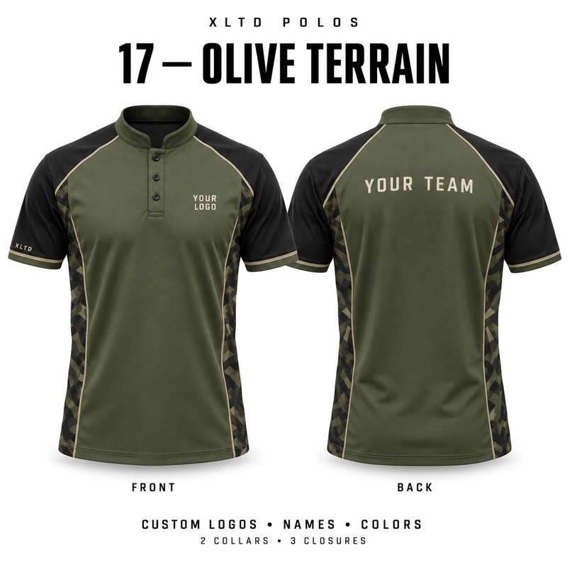 Olive Terrain custom polo front and back, Mandarin / Stand-Up collar with 3 Button closure; customizable in Olive / Black / Sand.