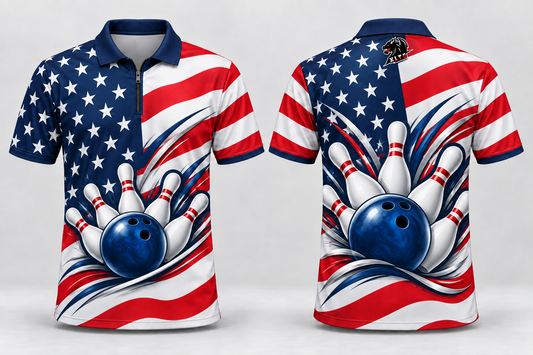 Patriotic Strike custom American flag bowling jersey front and back with bowling ball, pins, and XLTD logo below the back collar