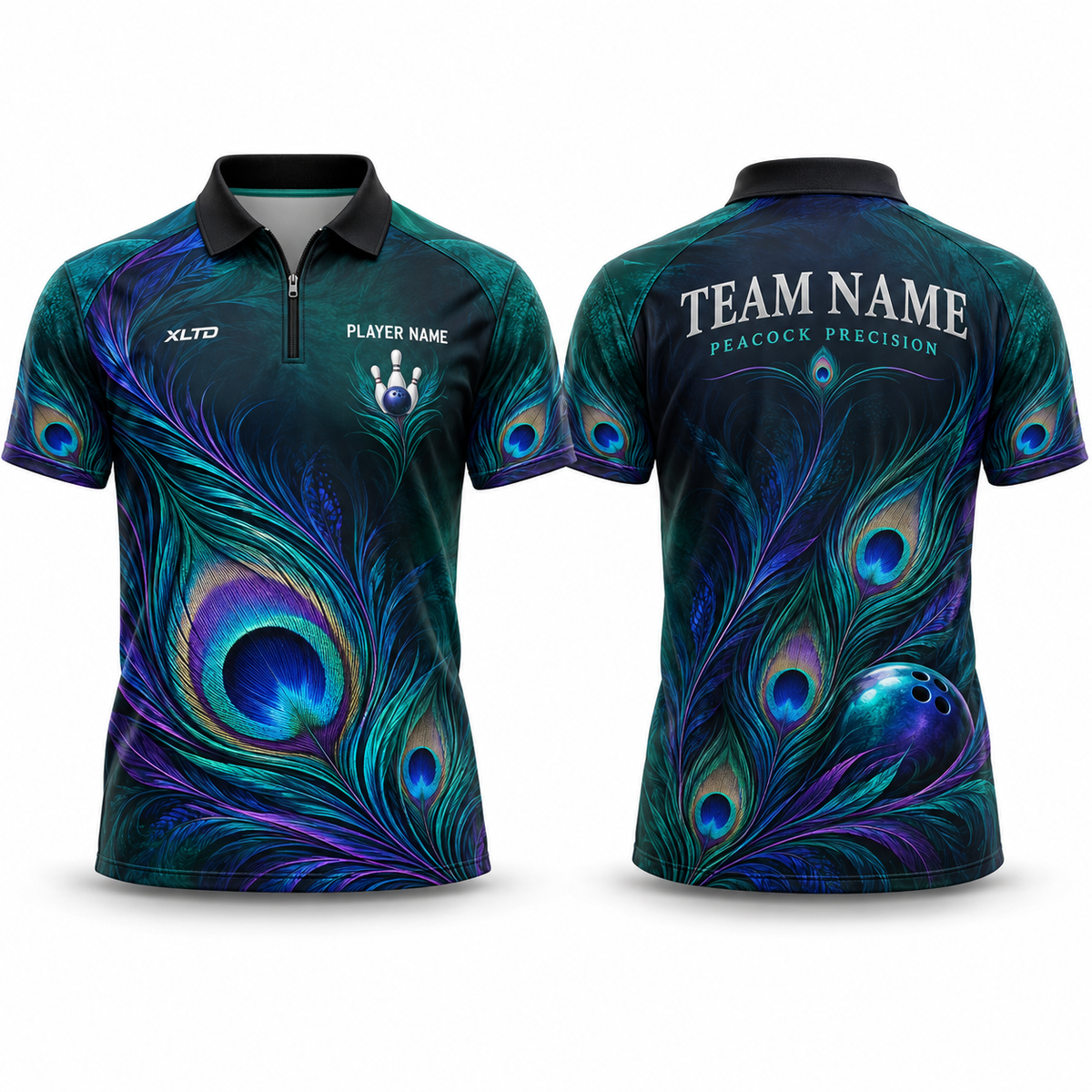 Peacock Precision custom bowling jersey front and back mockup