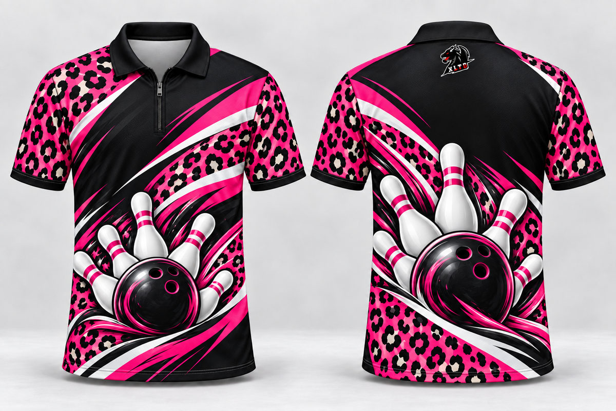 Pink Leopard Strike custom sublimated bowling jersey, front and back views with XLTD logo