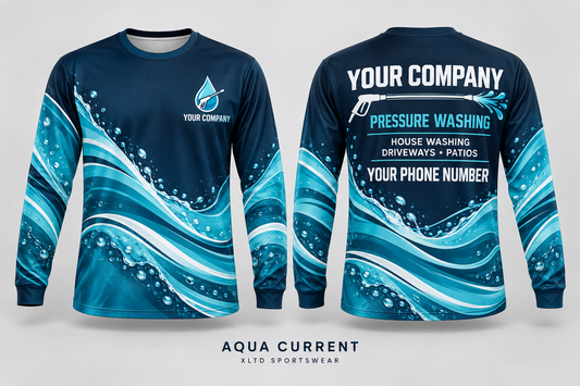 aqua current custom pressure washing long-sleeve shirt front and back, with company name, services and phone number placeholders.