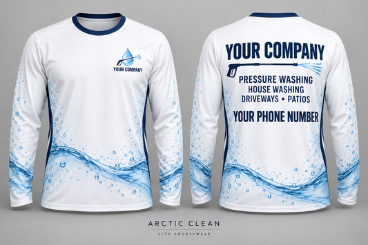 Arctic Clean custom pressure washing long-sleeve shirt front and back with company name, phone number and services placeholders.