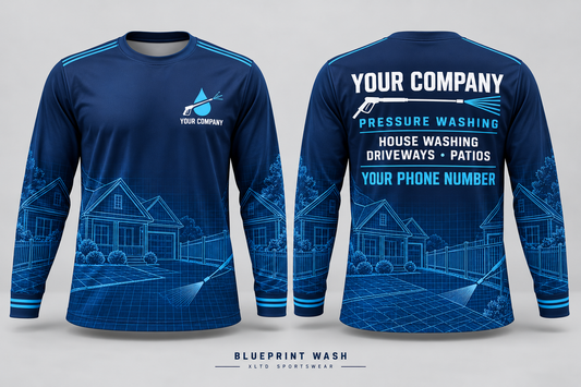 Blueprint Wash custom pressure washing long-sleeve shirt front and back with company name, phone number and services placeholders.