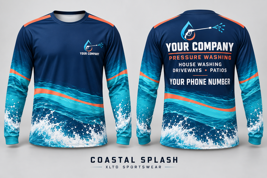 Coastal Splash custom pressure washing long-sleeve shirt front and back with company name, phone number and services placeholders.