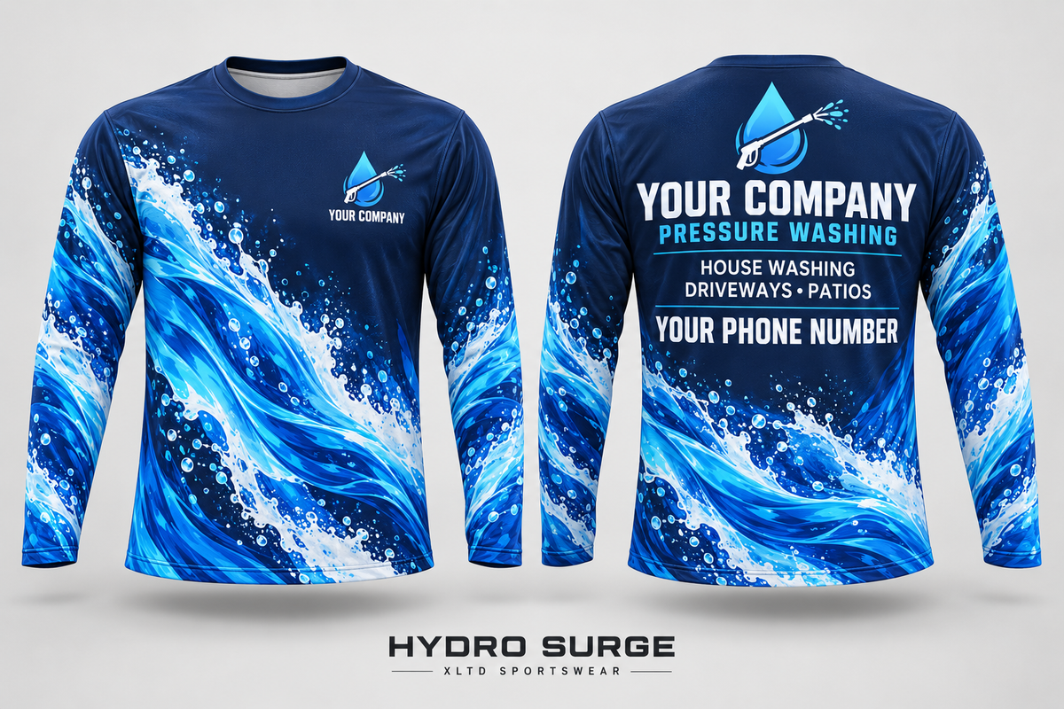 hydro surge custom pressure washing long-sleeve shirt front and back, with company name, services and phone number placeholders.