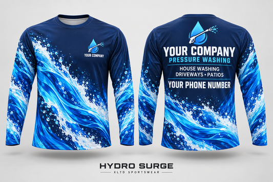 hydro surge custom pressure washing long-sleeve shirt front and back, with company name, services and phone number placeholders.