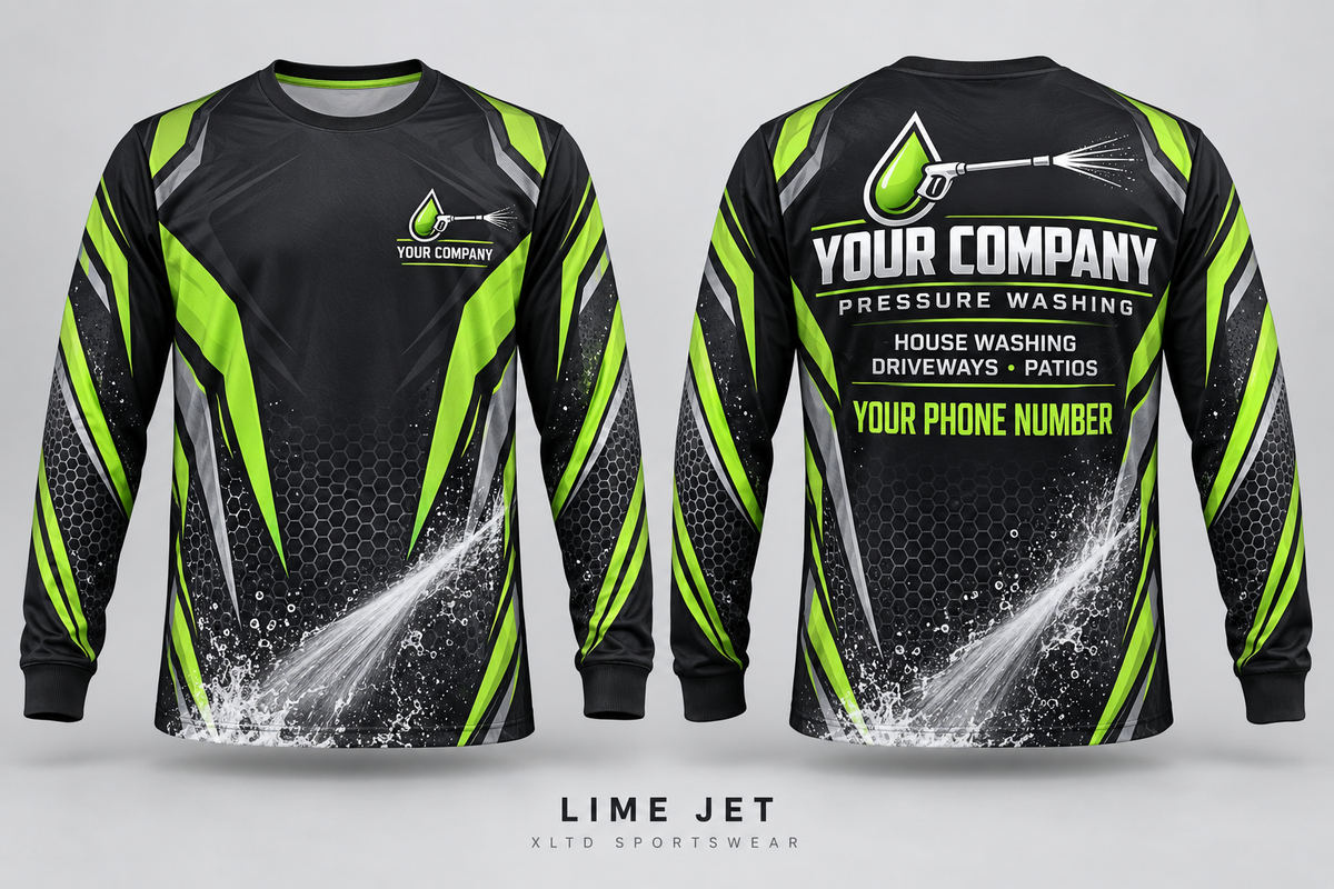 lime jet custom pressure washing long-sleeve shirt front and back, with company name, services and phone number placeholders.