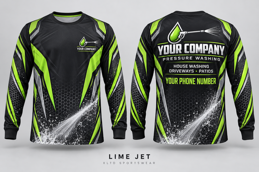 lime jet custom pressure washing long-sleeve shirt front and back, with company name, services and phone number placeholders.