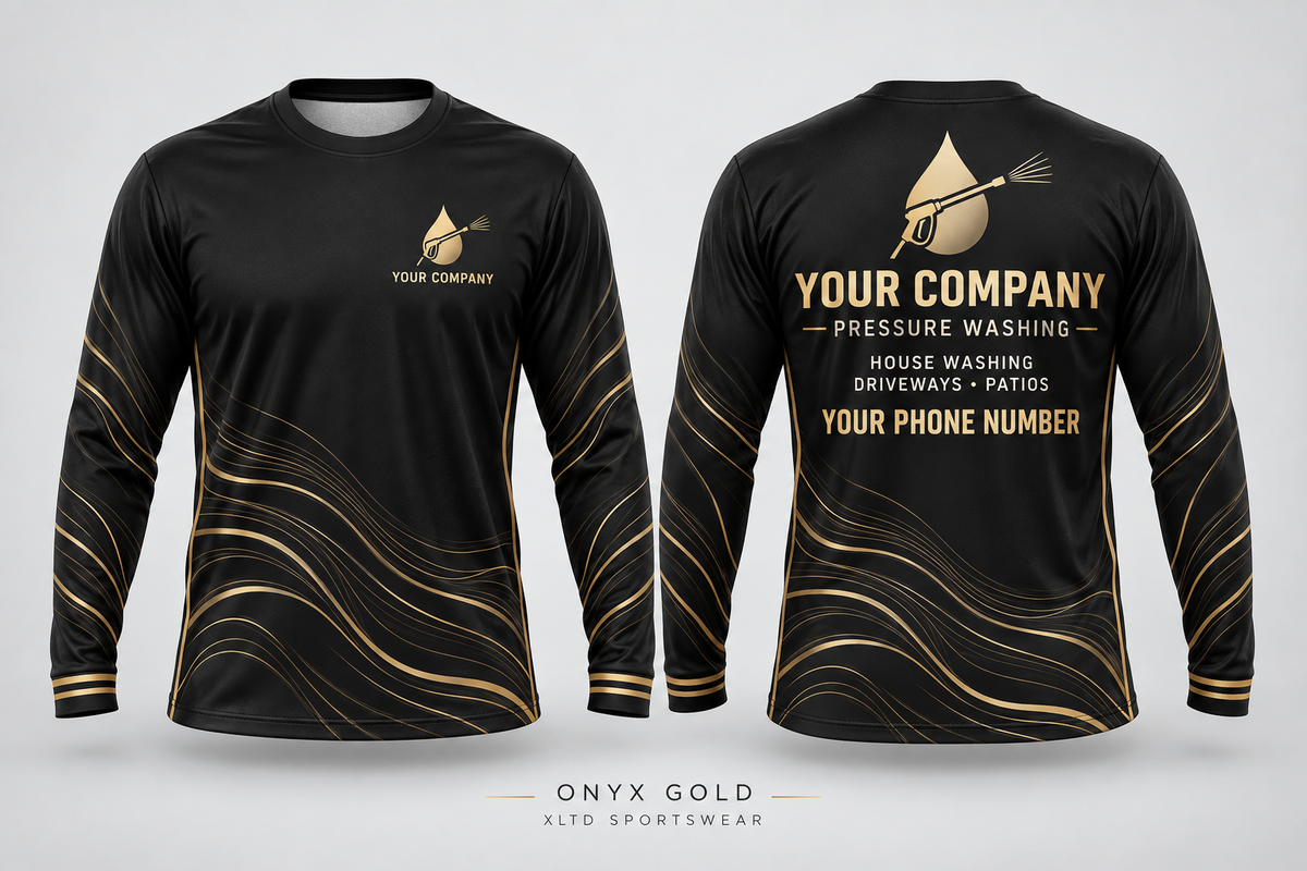 Onyx Gold custom pressure washing long-sleeve shirt front and back with company name, phone number and services placeholders.