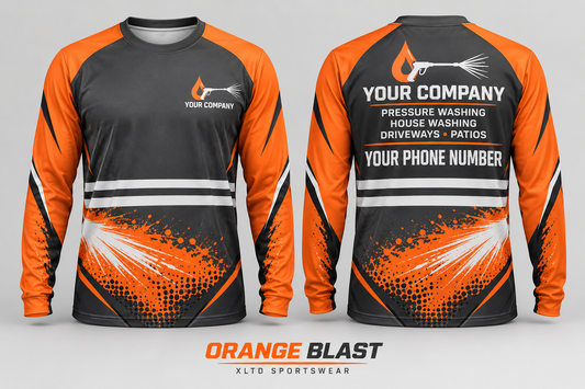 Orange Blast custom pressure washing long-sleeve shirt front and back with company name, phone number and services placeholders.