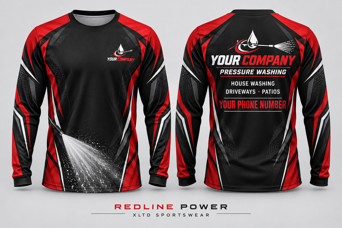 redline power custom pressure washing long-sleeve shirt front and back, with company name, services and phone number placeholders.